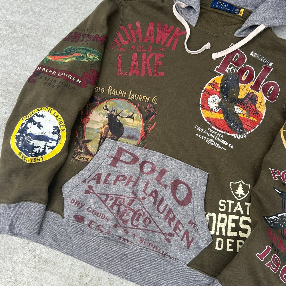 Polo Ralph Lauren Sportsman Afterhood Hoodie Mens Large Olive Multi Graphic Rare - Picture 2 of 8